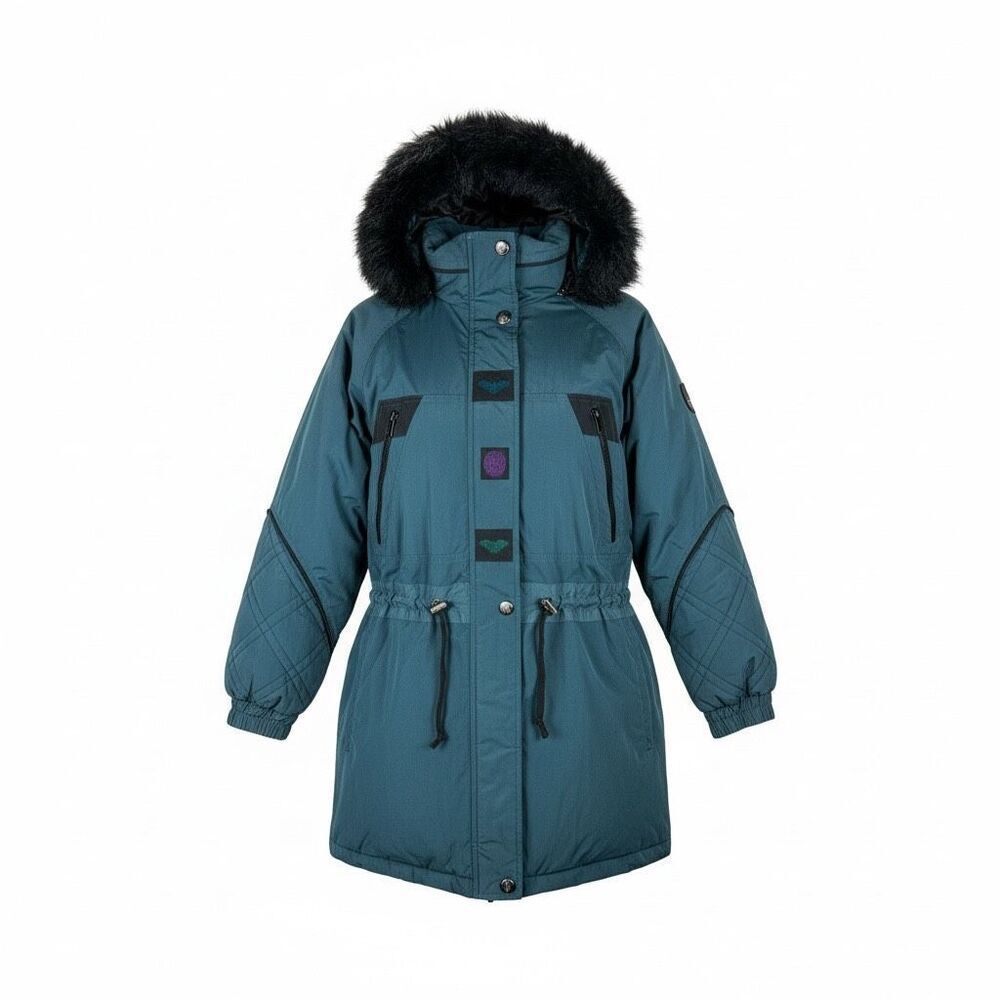 Vintage Teal Hooded Down Parka Coat Faux Fur Trim Cinch Waist Winter Jacket S